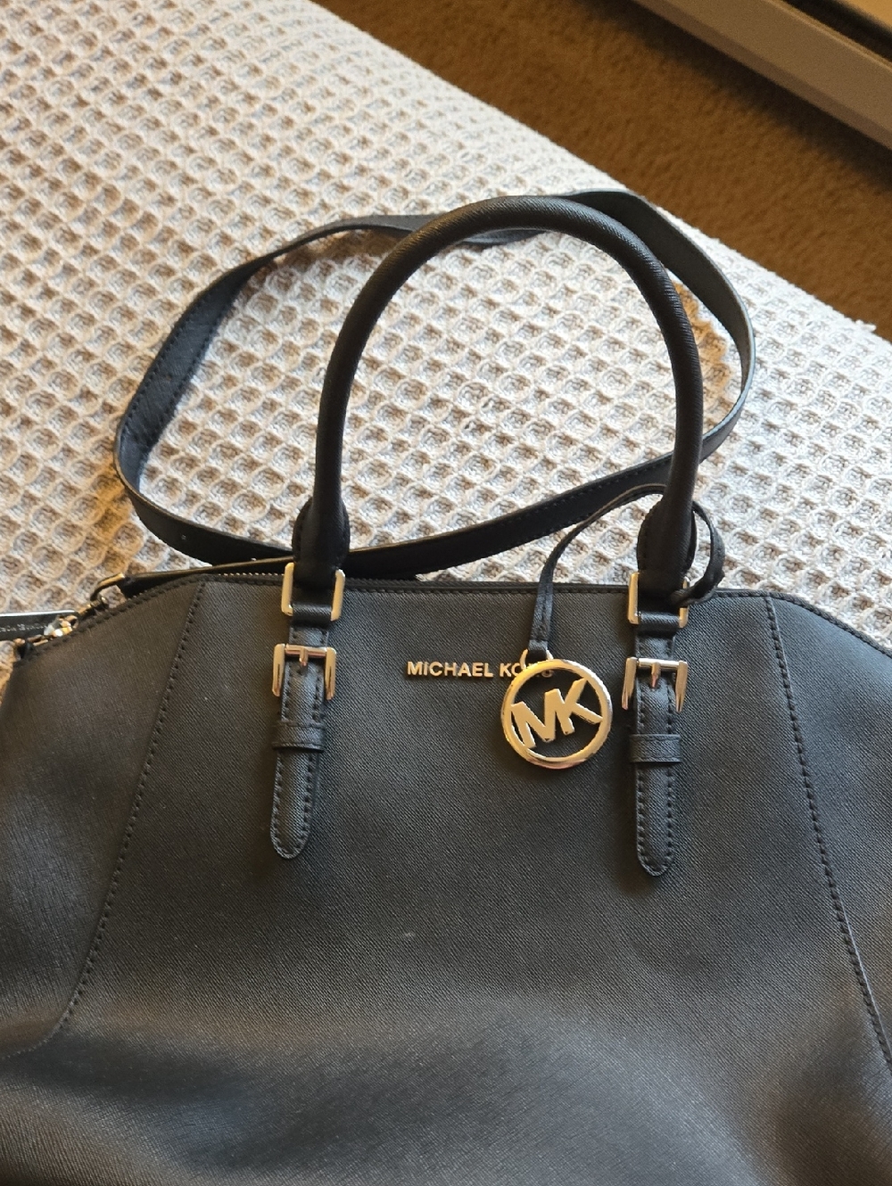 Michael Kors Black Leather Dome Satchel with Gold MK Charm